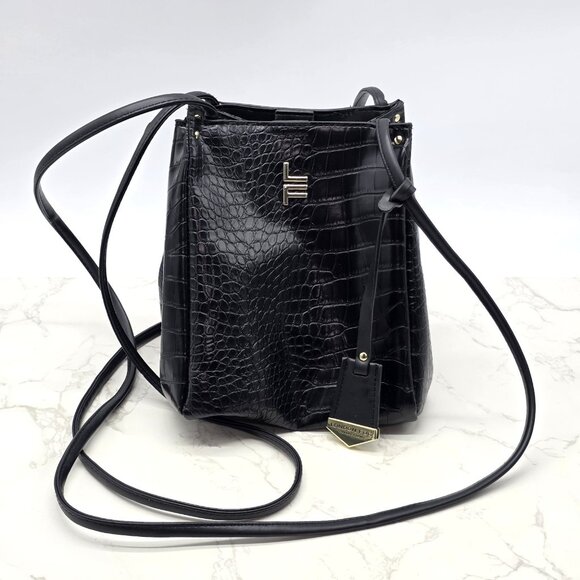 London Fog Handbags - London Fog Crossbody Bag Coco Crocodile Embossed Black Vegan Leather Satchel